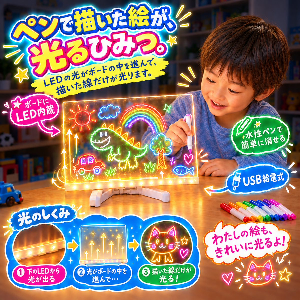 きらきらマジックボード｜7色ペンで描くLEDアクリルボード