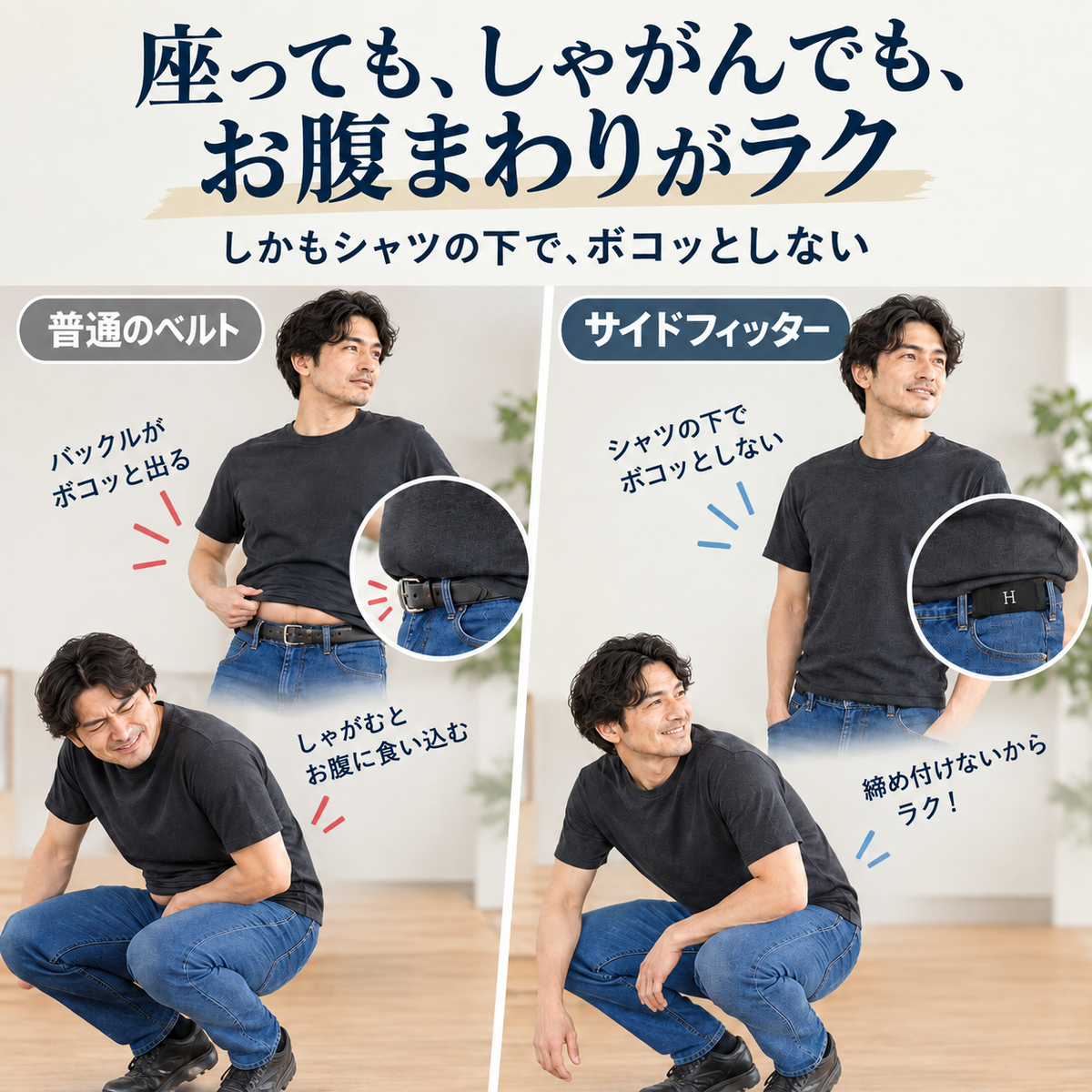 サイドフィッター｜締め付けずにぴったり、前すっきりのバックルなしベルト