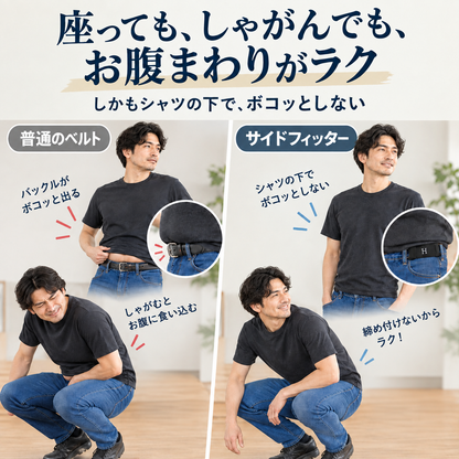サイドフィッター｜締め付けずにぴったり、前すっきりのバックルなしベルト